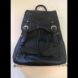 Black leather backpack style handbag.